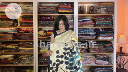 Off white and Yellow Premium Hand-painted Murshidabad Silk Saree