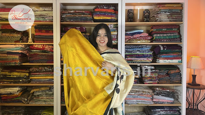 Off white and Yellow Premium Hand-painted Murshidabad Silk Saree