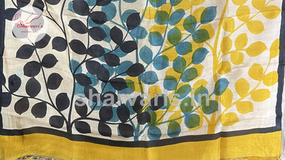 Off white and Yellow Premium Hand-painted Murshidabad Silk Saree