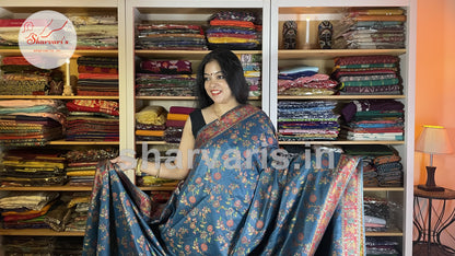 Cadet Blue Kashmiri Kani Silk Saree with Woven Floral Patterns