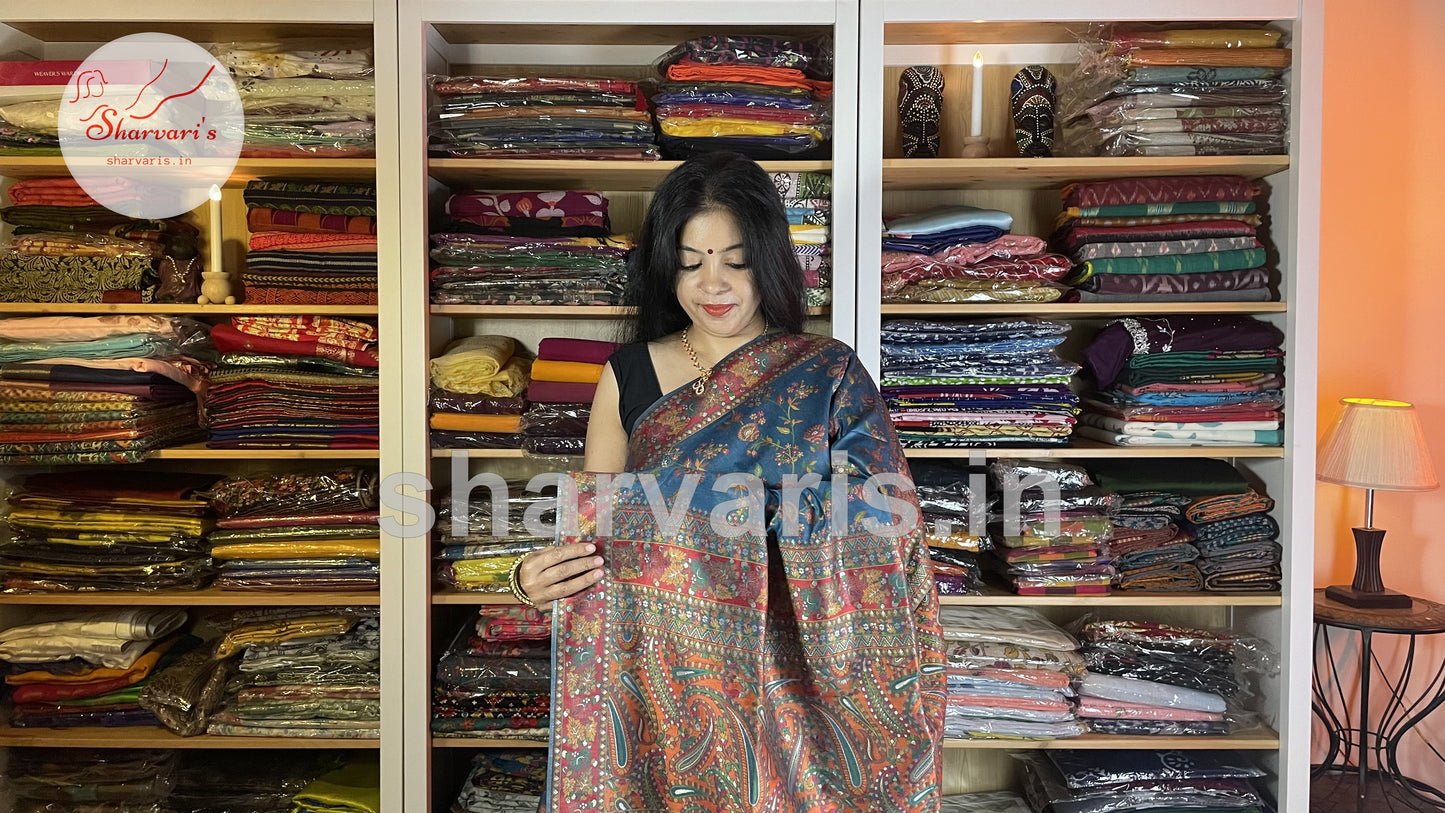 Cadet Blue Kashmiri Kani Silk Saree with Woven Floral Patterns