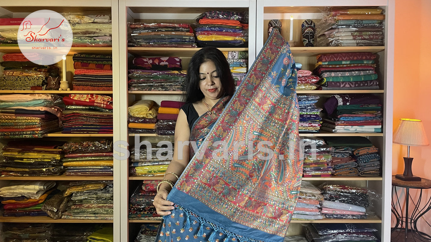 Cadet Blue Kashmiri Kani Silk Saree with Woven Floral Patterns