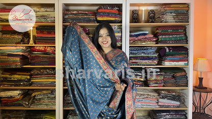 Cadet Blue Kashmiri Kani Silk Saree with Woven Floral Patterns