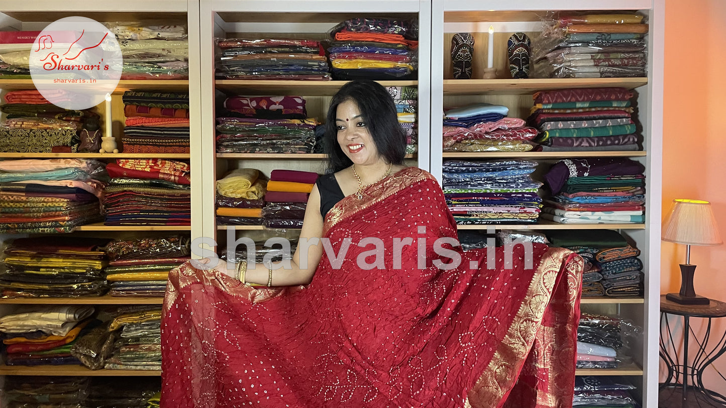 Pure Red Bandhani Lightweight Silk Saree with Zari Work Borders and Pallu