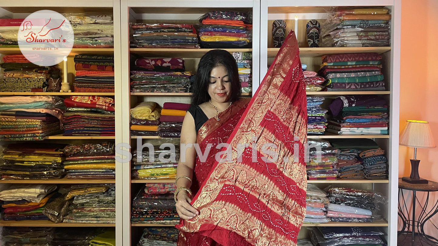 Pure Red Bandhani Lightweight Silk Saree with Zari Work Borders and Pallu