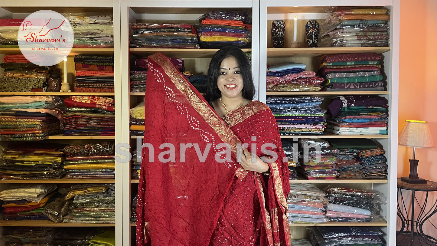 Pure Red Bandhani Lightweight Silk Saree with Zari Work Borders and Pallu