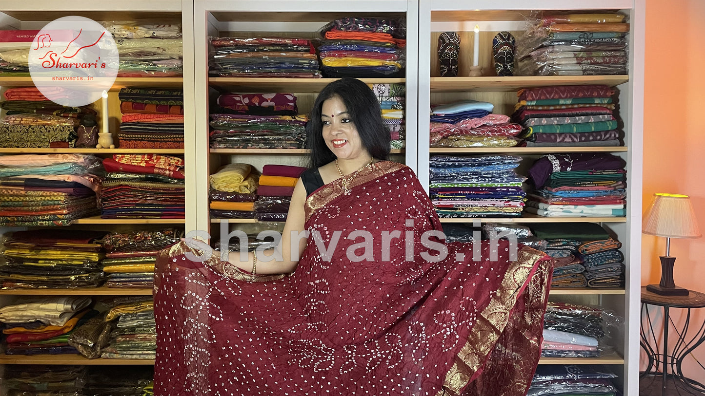 Maroon Bandhani Lightweight Silk Saree with Zari Borders and Pallu