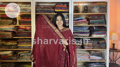 Maroon Bandhani Lightweight Silk Saree with Zari Borders and Pallu