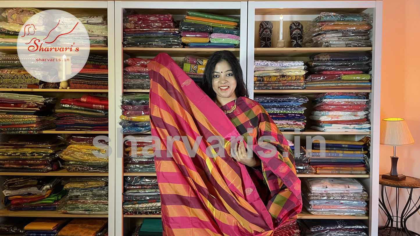 Multi Color Checks Arani Semi Silk Saree with Buttas