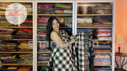 Black and White Arani Semi Silk Saree with Checks and Intricate Work