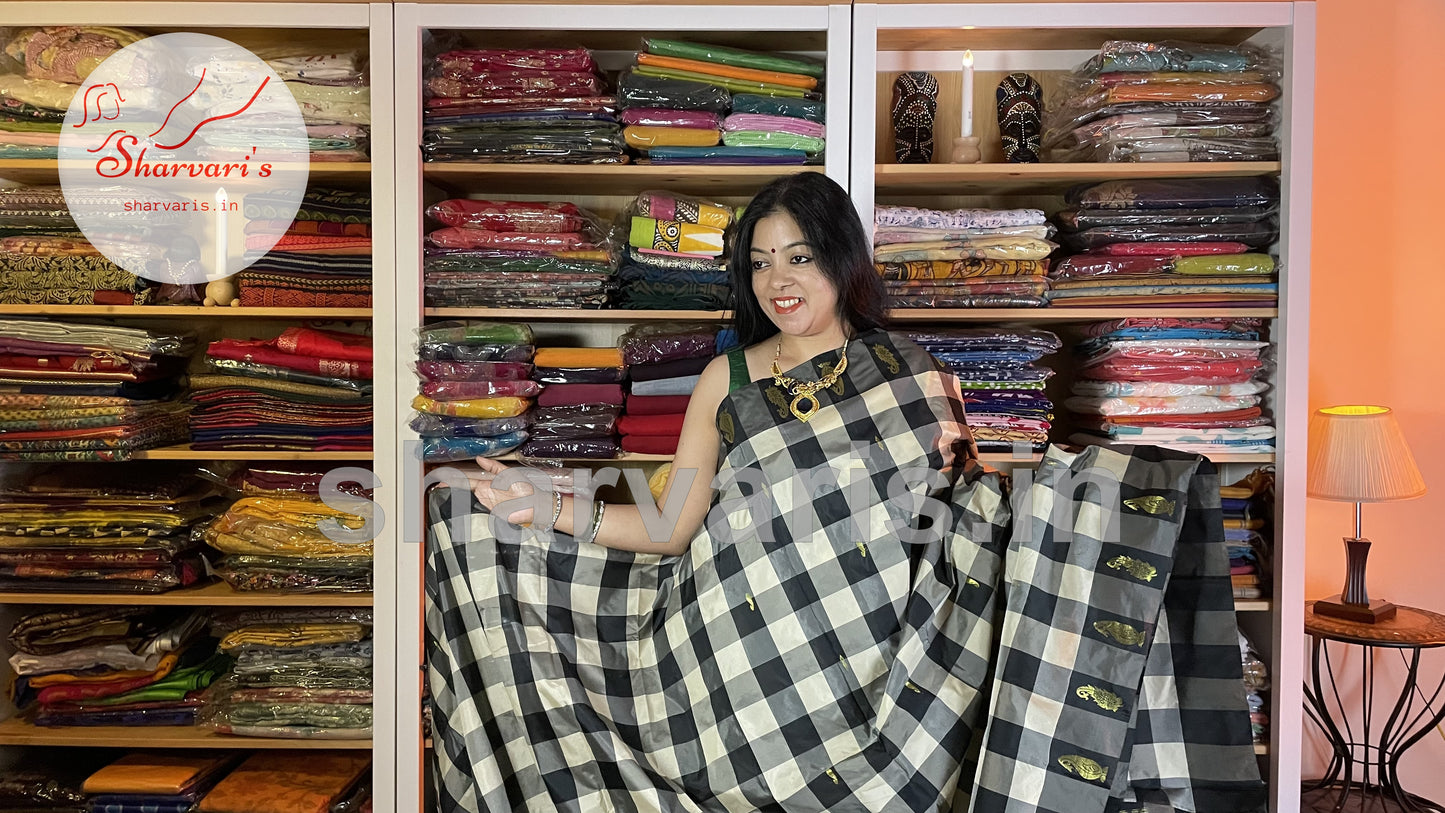 Black and White Arani Semi Silk Saree with Checks and Intricate Work