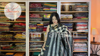 Black and White Arani Semi Silk Saree with Checks and Intricate Work