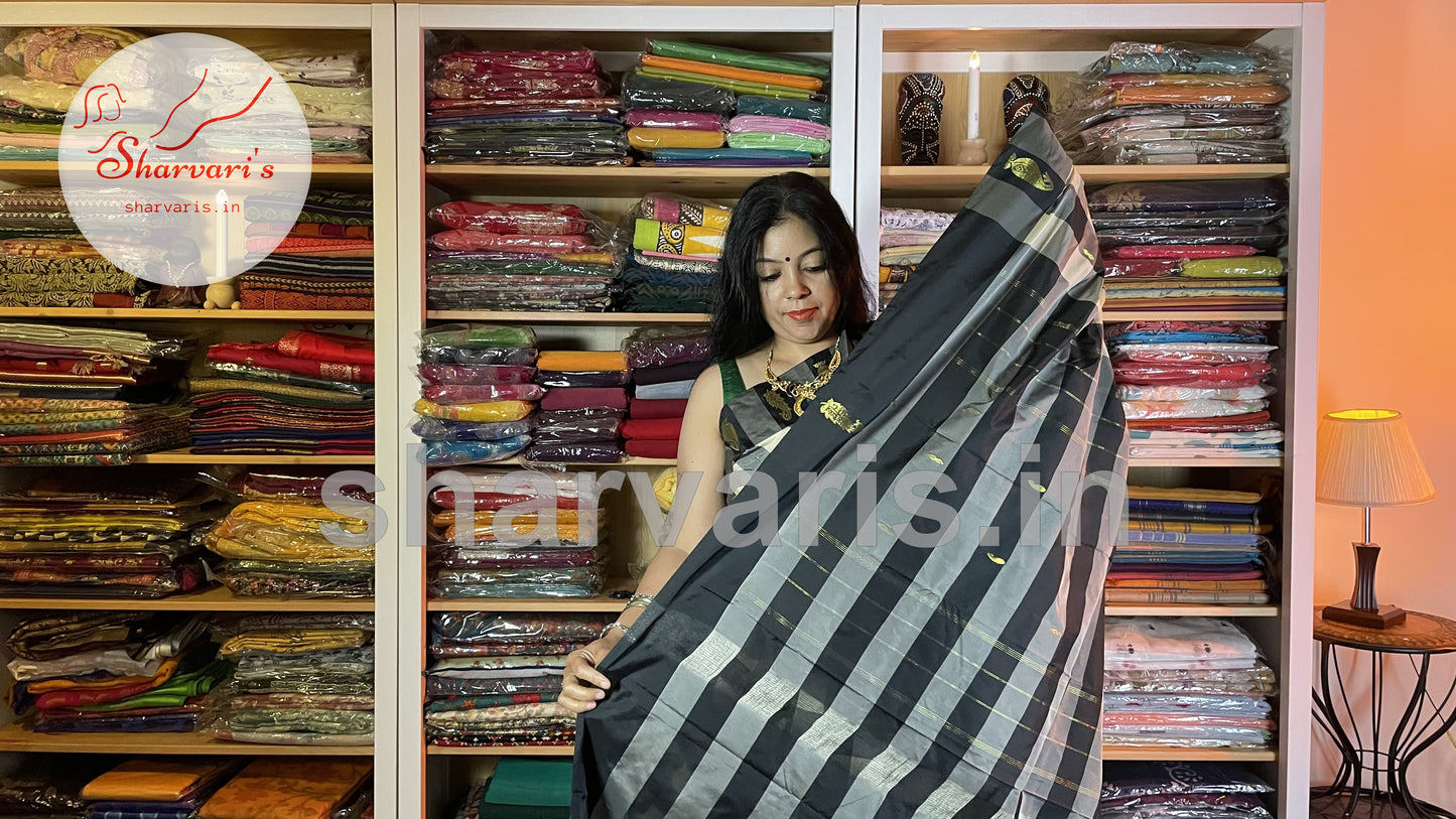 Black and White Arani Semi Silk Saree with Checks and Intricate Work