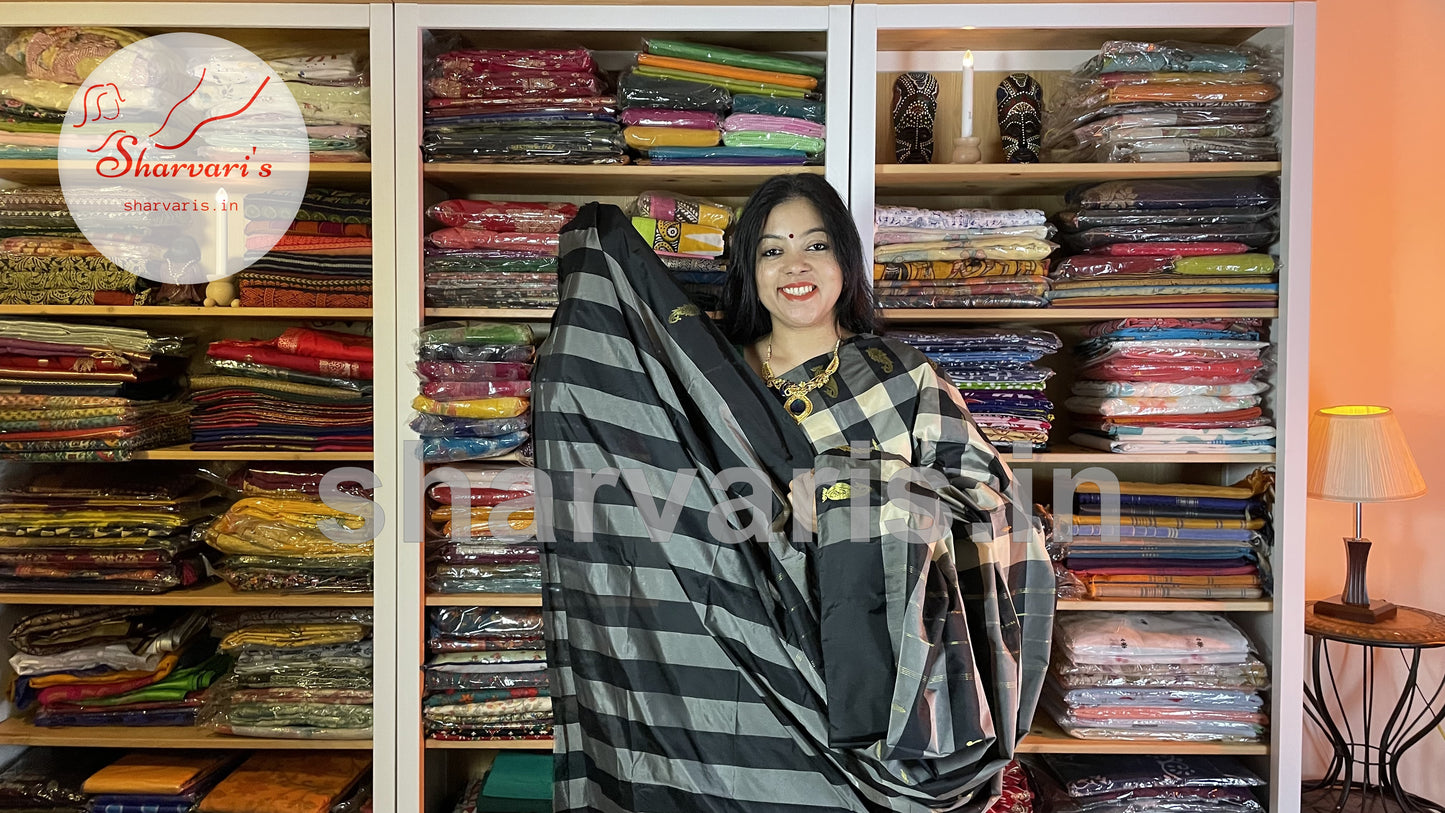 Black and White Arani Semi Silk Saree with Checks and Intricate Work