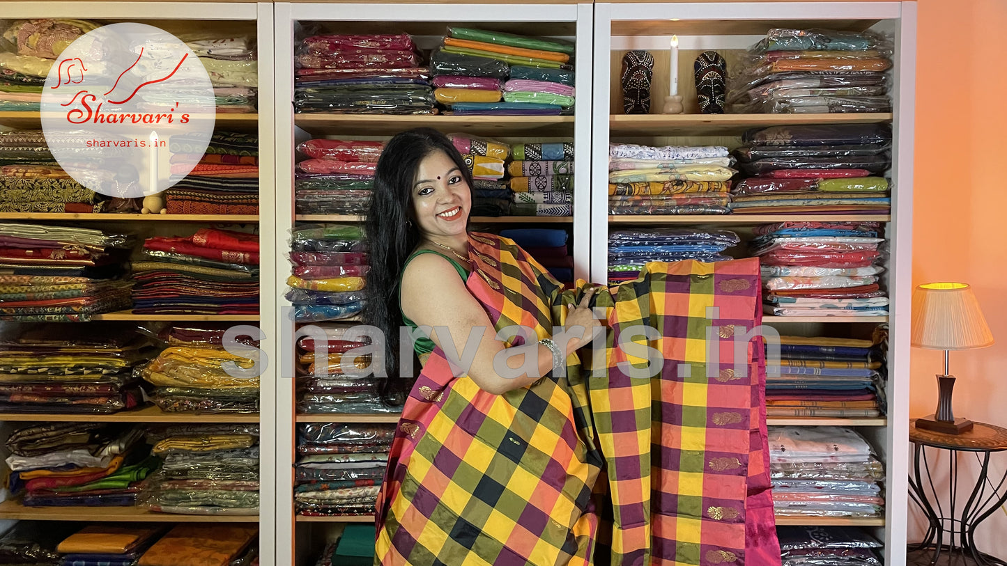 Multi Color Checks Arani Semi Silk Saree with Checks and Buttas