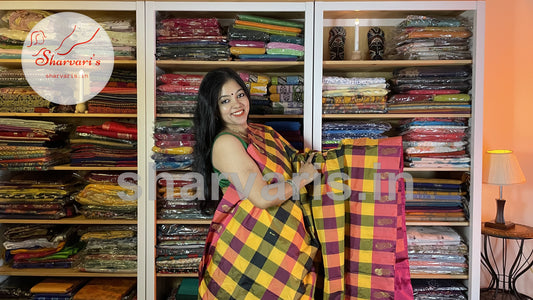 Multi Color Checks Arani Semi Silk Saree with Checks and Buttas