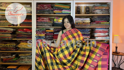 Multi Color Checks Arani Semi Silk Saree with Checks and Buttas