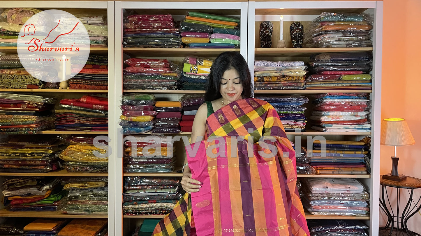 Multi Color Checks Arani Semi Silk Saree with Checks and Buttas