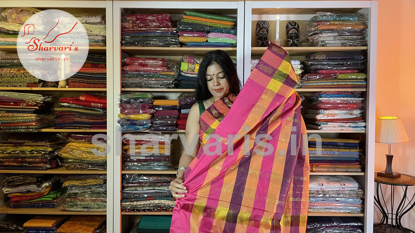 Multi Color Checks Arani Semi Silk Saree with Checks and Buttas