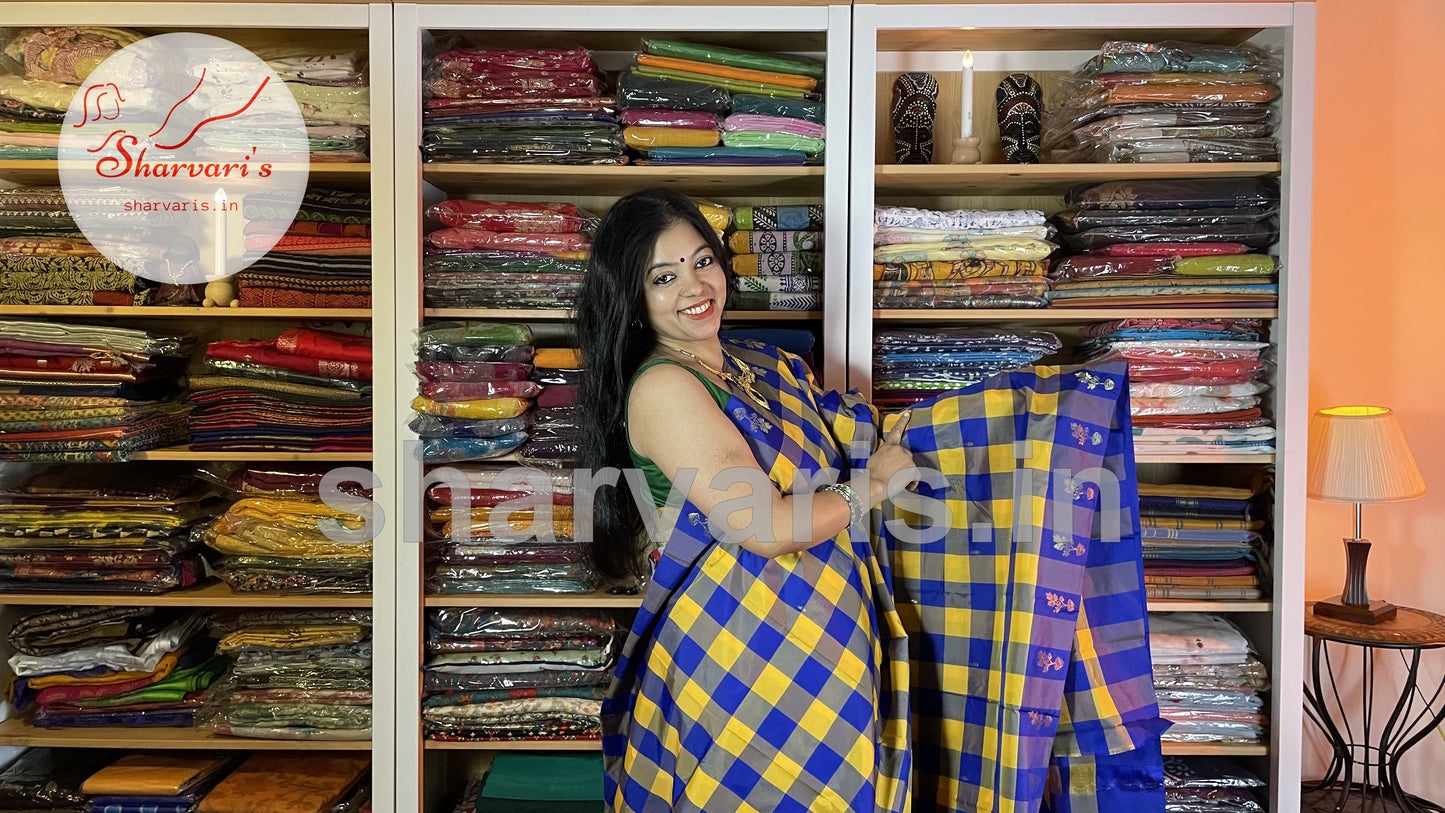 Yellow and Royal Blue Arani Semi Silk Saree with Checks and Buttas