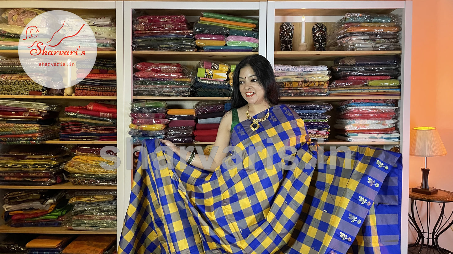 Yellow and Royal Blue Arani Semi Silk Saree with Checks and Buttas