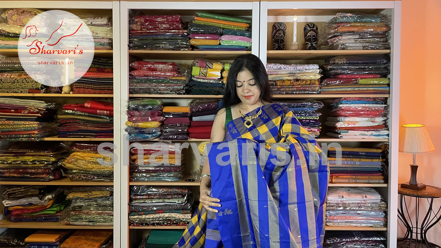 Yellow and Royal Blue Arani Semi Silk Saree with Checks and Buttas