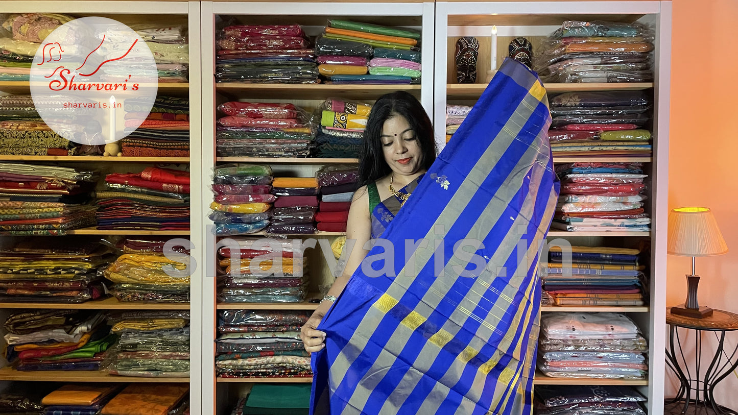 Yellow and Royal Blue Arani Semi Silk Saree with Checks and Buttas
