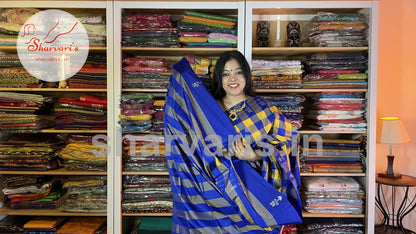 Yellow and Royal Blue Arani Semi Silk Saree with Checks and Buttas