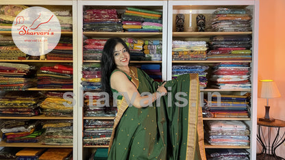 Juniper Green and Mustard Arani Semi Silk Saree with Intricate Thread Work