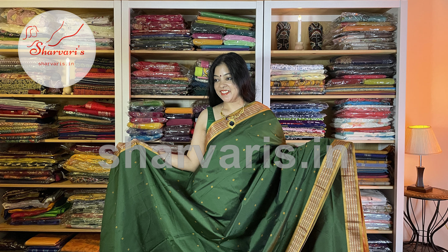 Juniper Green and Mustard Arani Semi Silk Saree with Intricate Thread Work