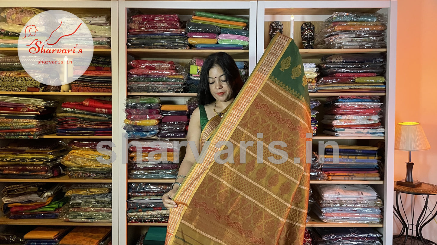 Juniper Green and Mustard Arani Semi Silk Saree with Intricate Thread Work