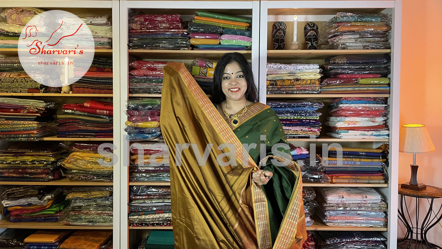 Juniper Green and Mustard Arani Semi Silk Saree with Intricate Thread Work