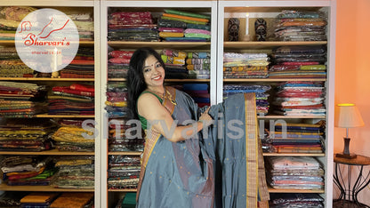 Grey and Mustard Arani Semi Silk Saree with Intricate Thread Work