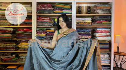 Grey and Mustard Arani Semi Silk Saree with Intricate Thread Work