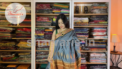 Grey and Mustard Arani Semi Silk Saree with Intricate Thread Work