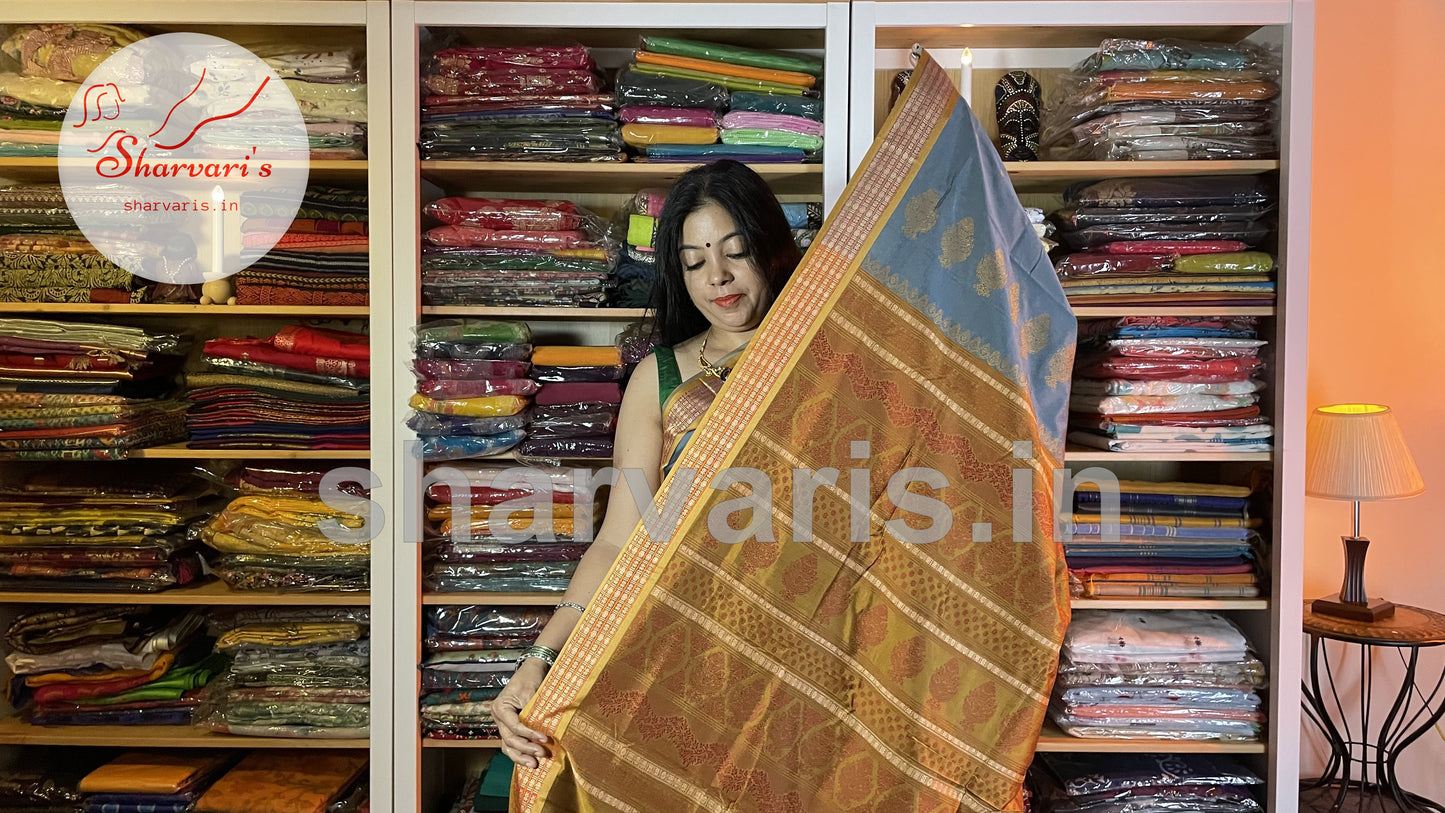 Grey and Mustard Arani Semi Silk Saree with Intricate Thread Work