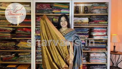 Grey and Mustard Arani Semi Silk Saree with Intricate Thread Work