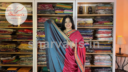 Magenta and Slate Grey Arani Semi Silk Saree with Intricate Thread Work