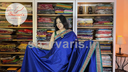 Royal Blue and Peacock Green Arani Semi Silk Saree with Intricate Thread Work