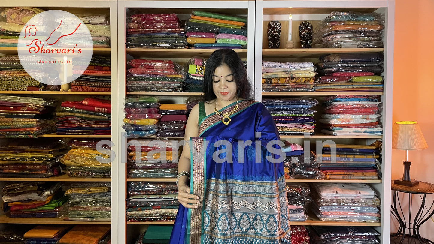 Royal Blue and Peacock Green Arani Semi Silk Saree with Intricate Thread Work