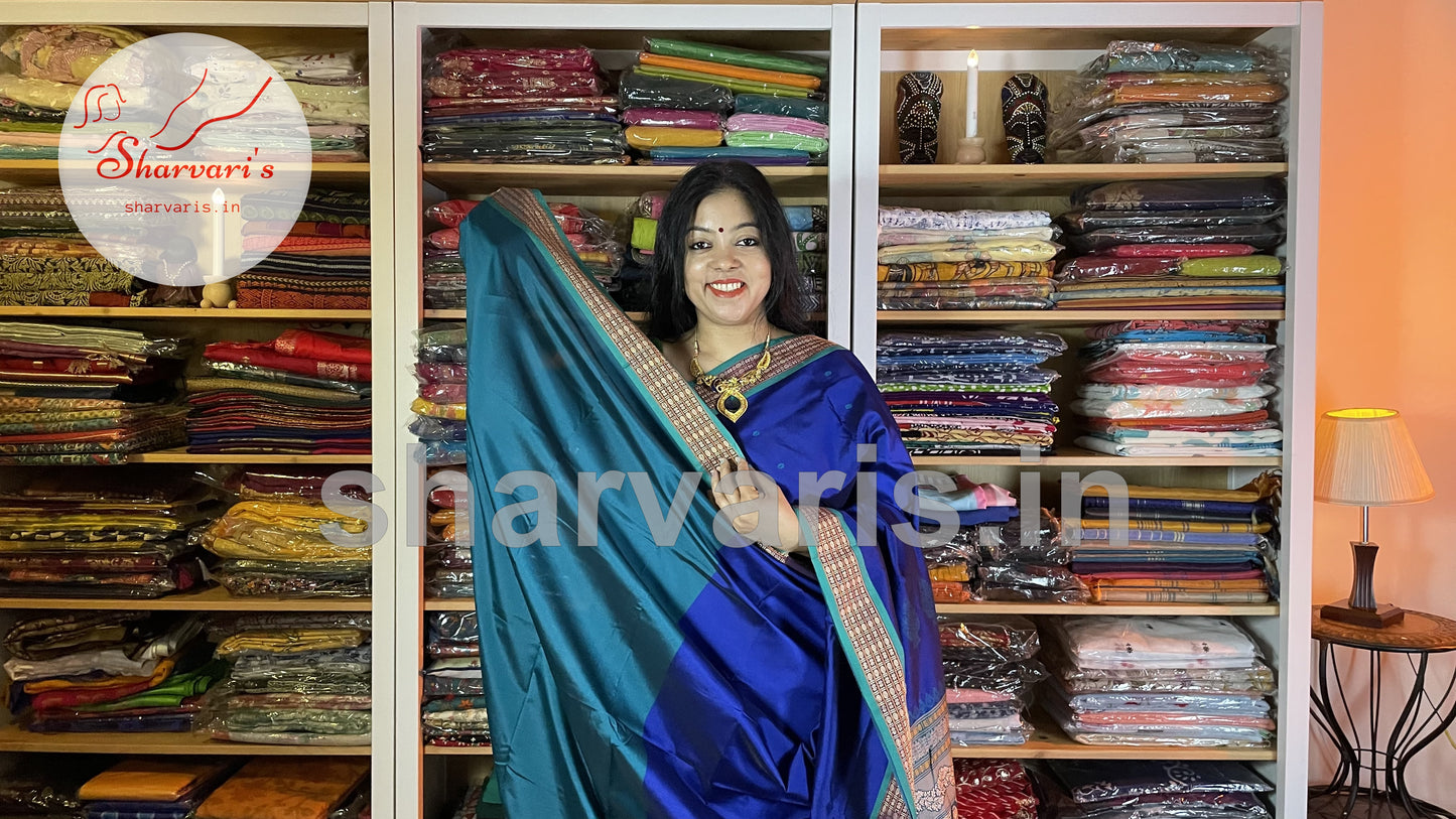 Royal Blue and Peacock Green Arani Semi Silk Saree with Intricate Thread Work