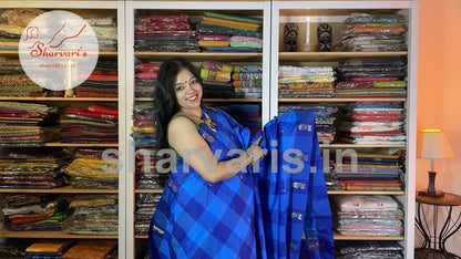 Light and Lapis Blue Arani Semi Silk Saree with Checks and Buttas