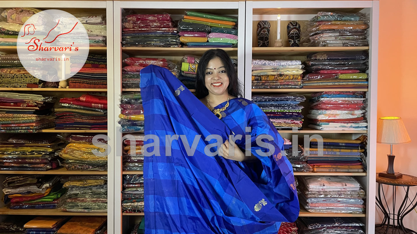 Light and Lapis Blue Arani Semi Silk Saree with Checks and Buttas