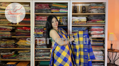 Yellow and Royal Blue Arani Semi Silk Saree with Checks and Buttas