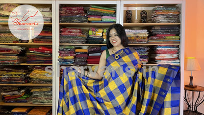 Yellow and Royal Blue Arani Semi Silk Saree with Checks and Buttas