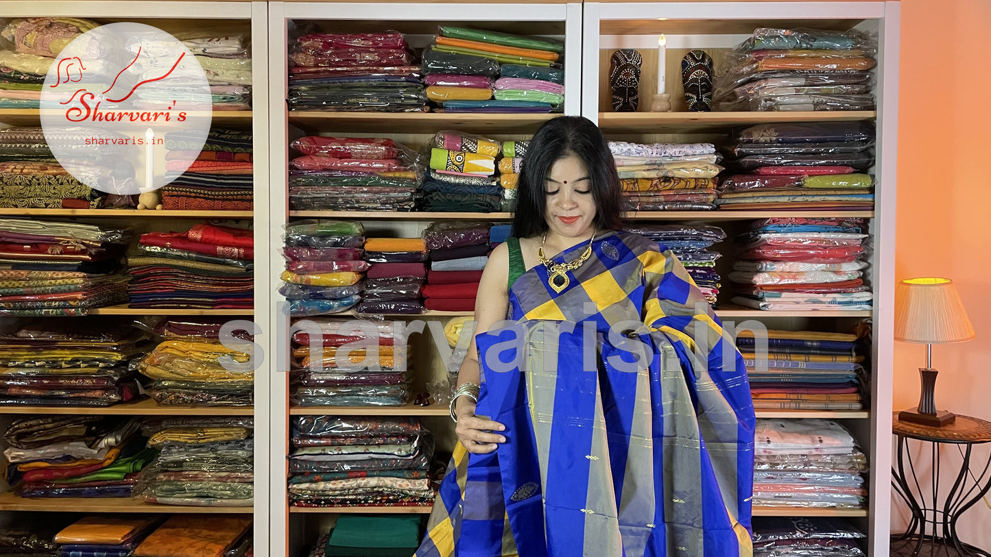 Yellow and Royal Blue Arani Semi Silk Saree with Checks and Buttas