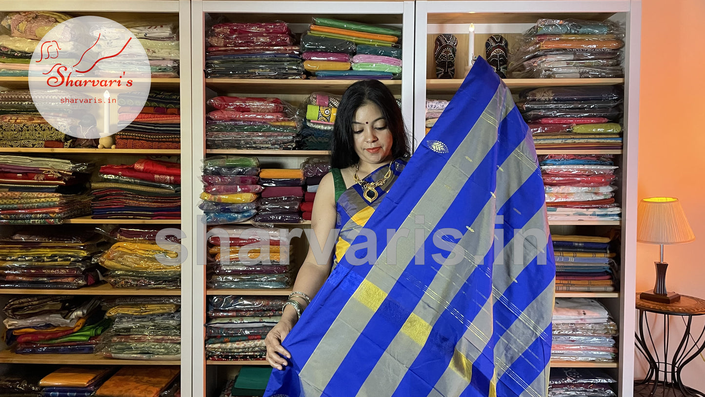 Yellow and Royal Blue Arani Semi Silk Saree with Checks and Buttas