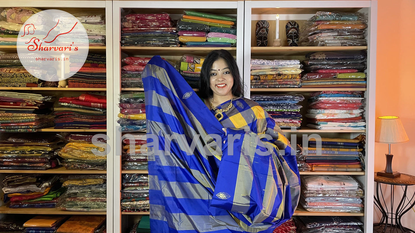 Yellow and Royal Blue Arani Semi Silk Saree with Checks and Buttas