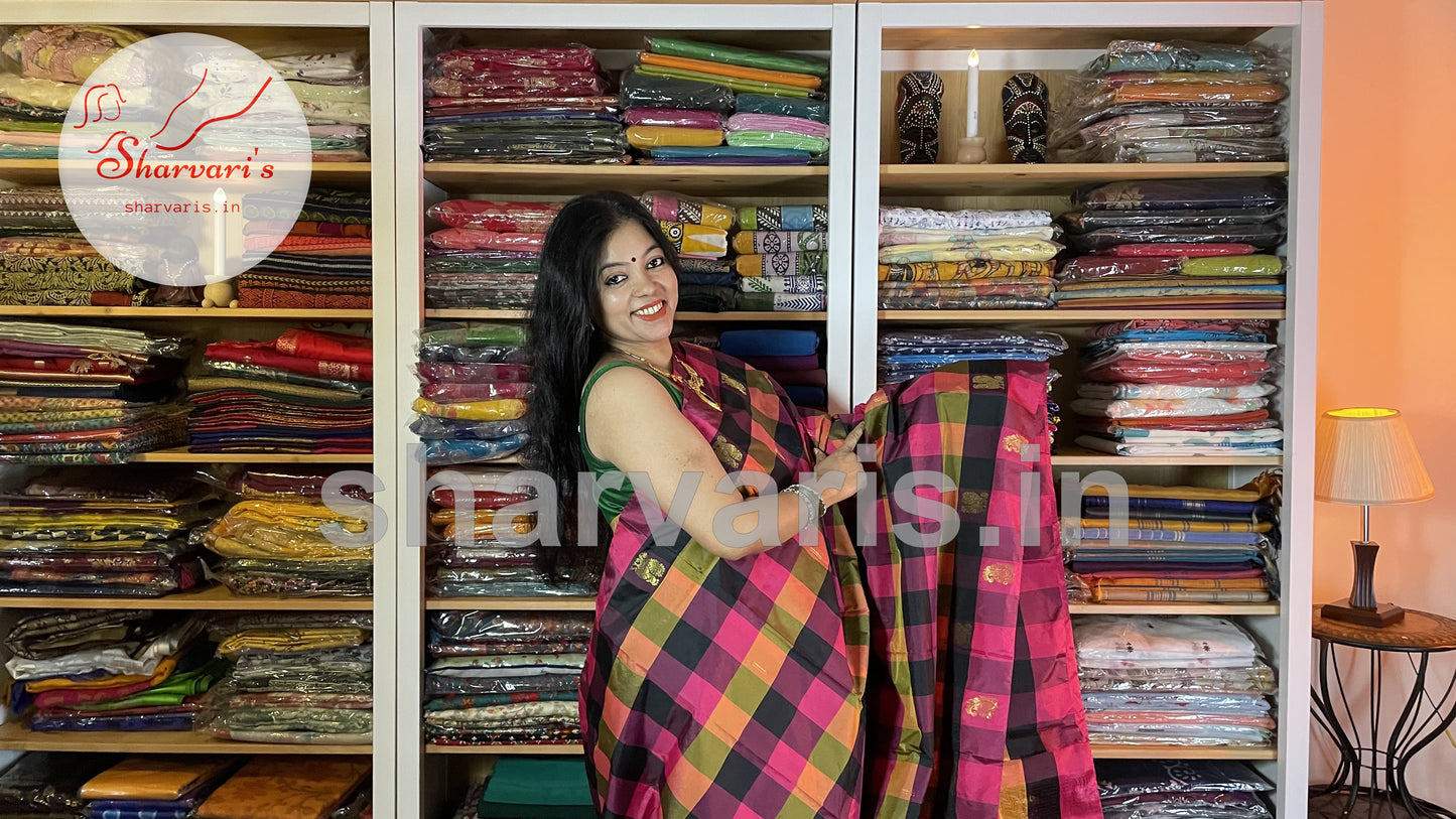 Multi Coloured Arani Semi Silks with Checks and Buttas