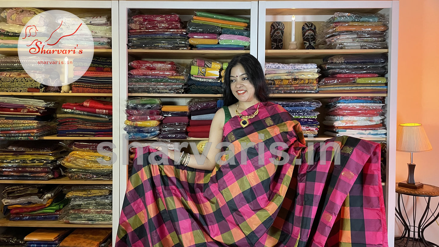 Multi Coloured Arani Semi Silks with Checks and Buttas